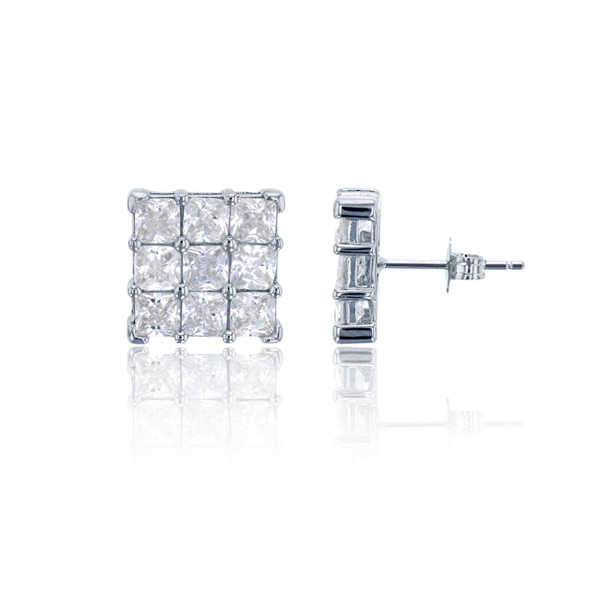Sterling Silver Rhodium Pave 3x3  Princess Stud Earring
