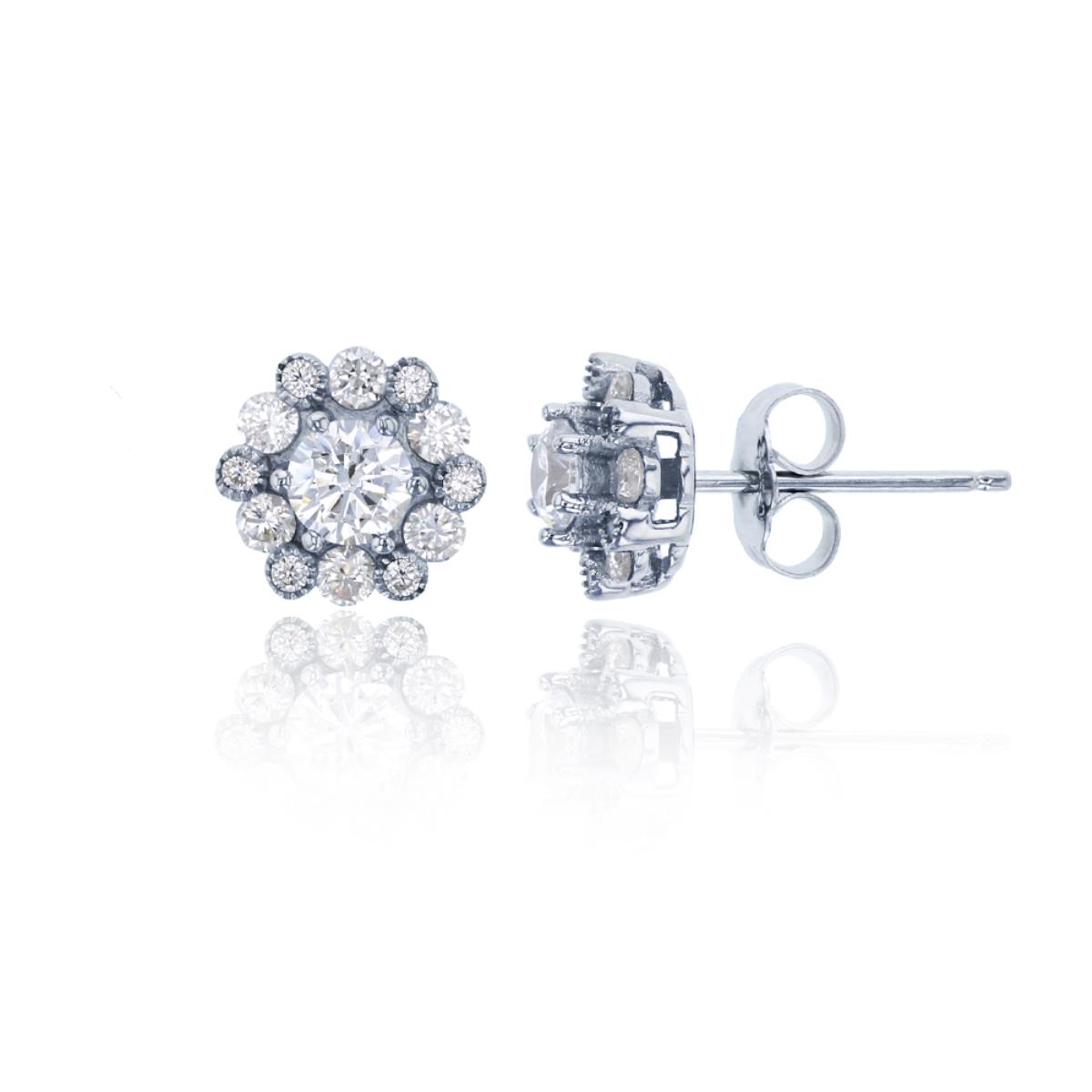 Sterling Silver Rhodium 8mm Round Cluster Flower Stud Earring