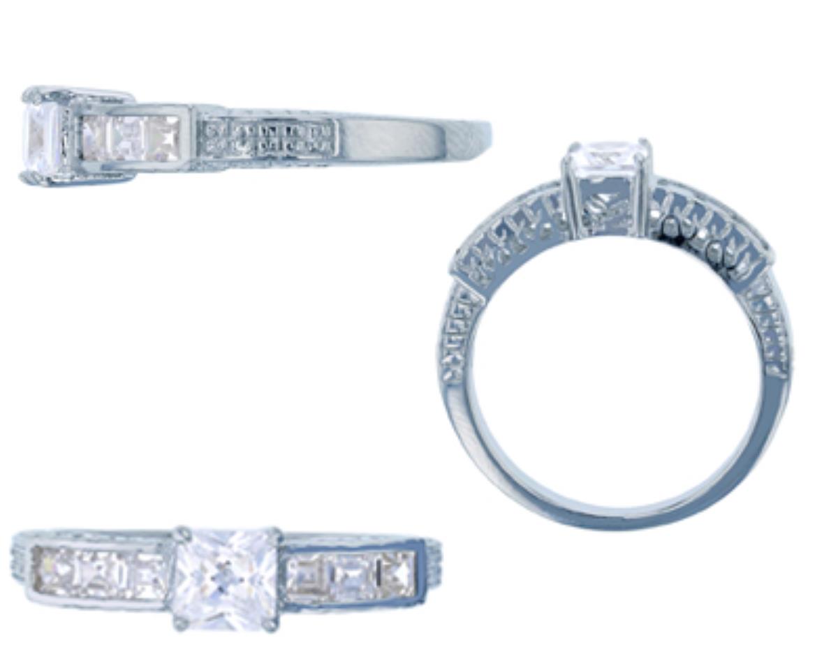 Sterling Silver Rhodium 5.00mm Princess &Baguette Cut Fancy Engagement Ring