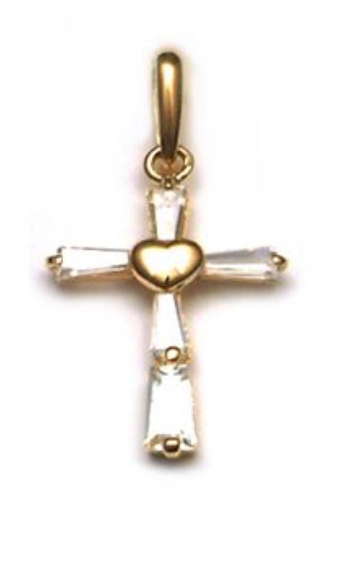 10K Yellow Gold Tapered Baguette Cut Heart Center Cross 18" Necklace