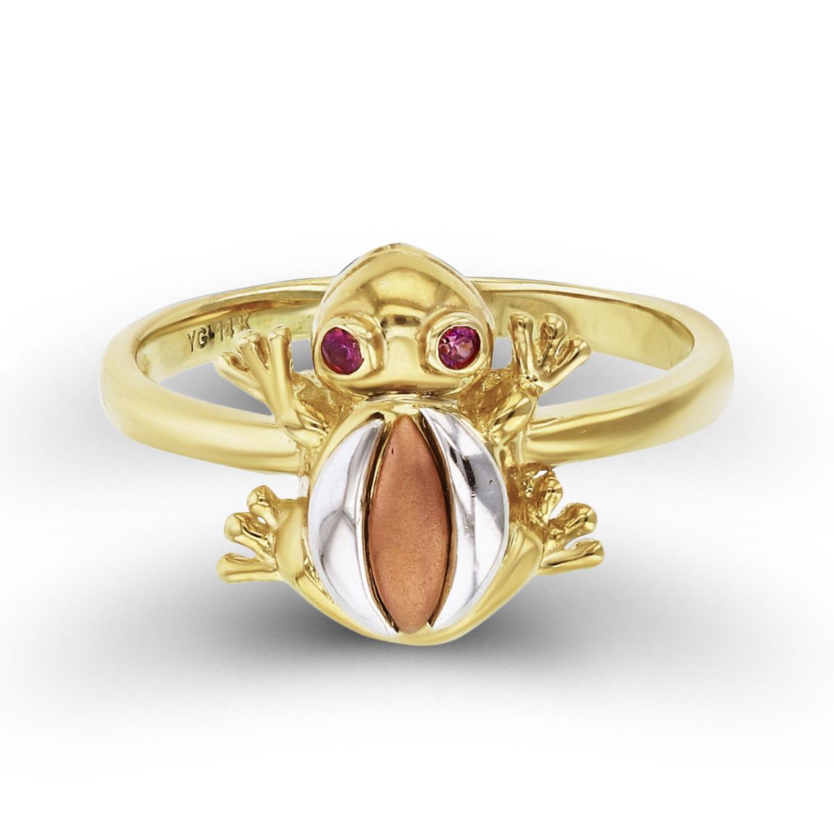 14K Tricolor Gold Pave Red Ruby CZ Frog Fashion Ring