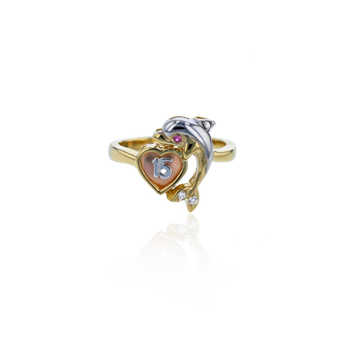 14K Tricolor Gold Red Ruby & Clear CZ Dolphin with Heart Fashion Ring