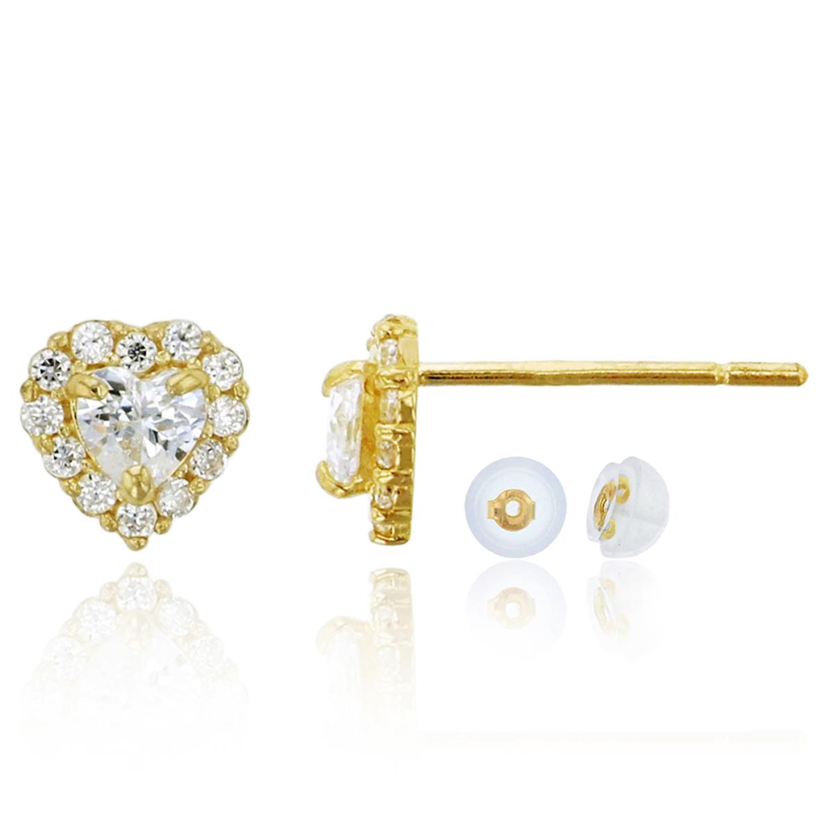 10K Yellow Gold Pave 3X3mm Heart Halo Stud Earring with Bubble Silicone Back