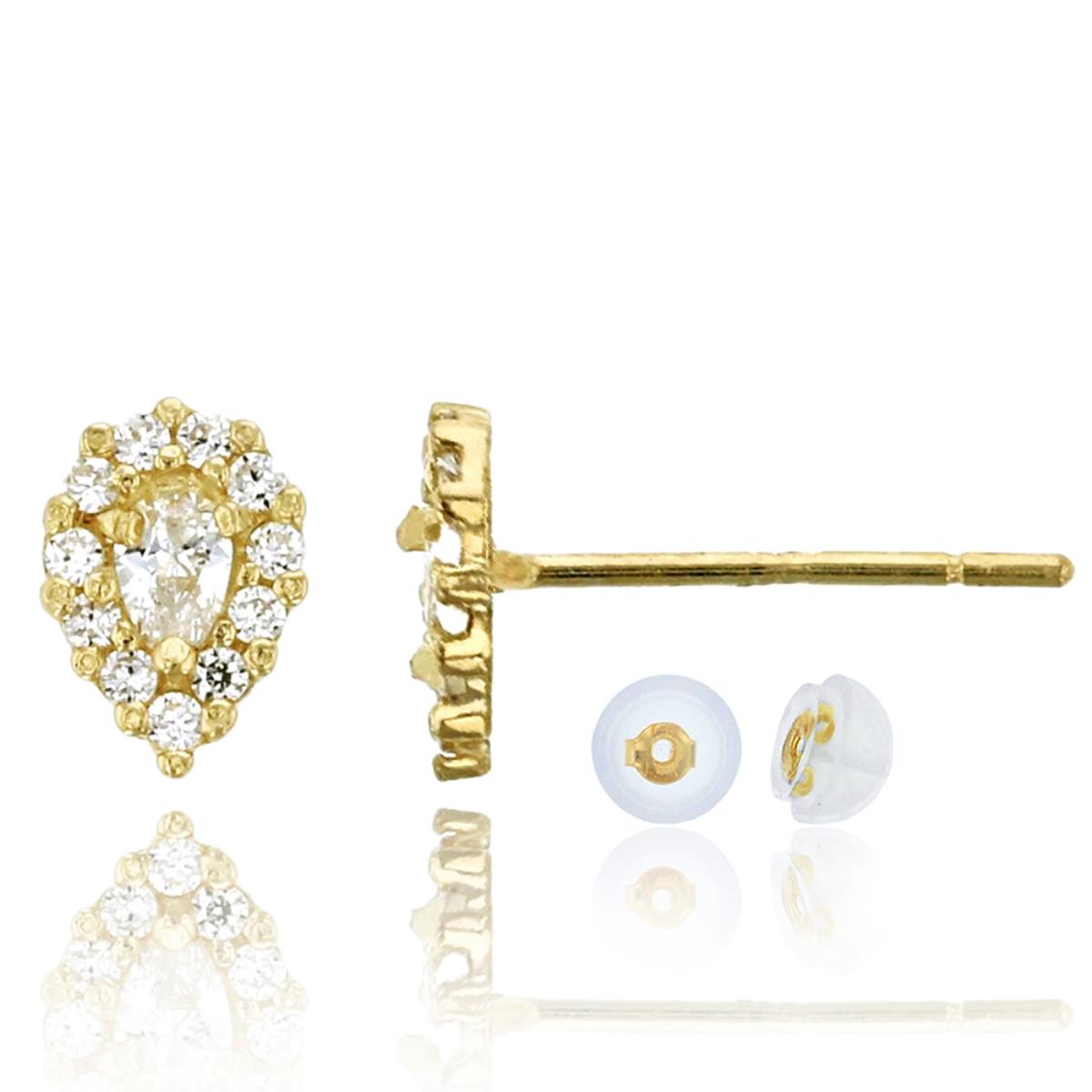 10K Yellow Gold Pave 4X3mm Pear Halo Stud Earring & 10K Silicone Back