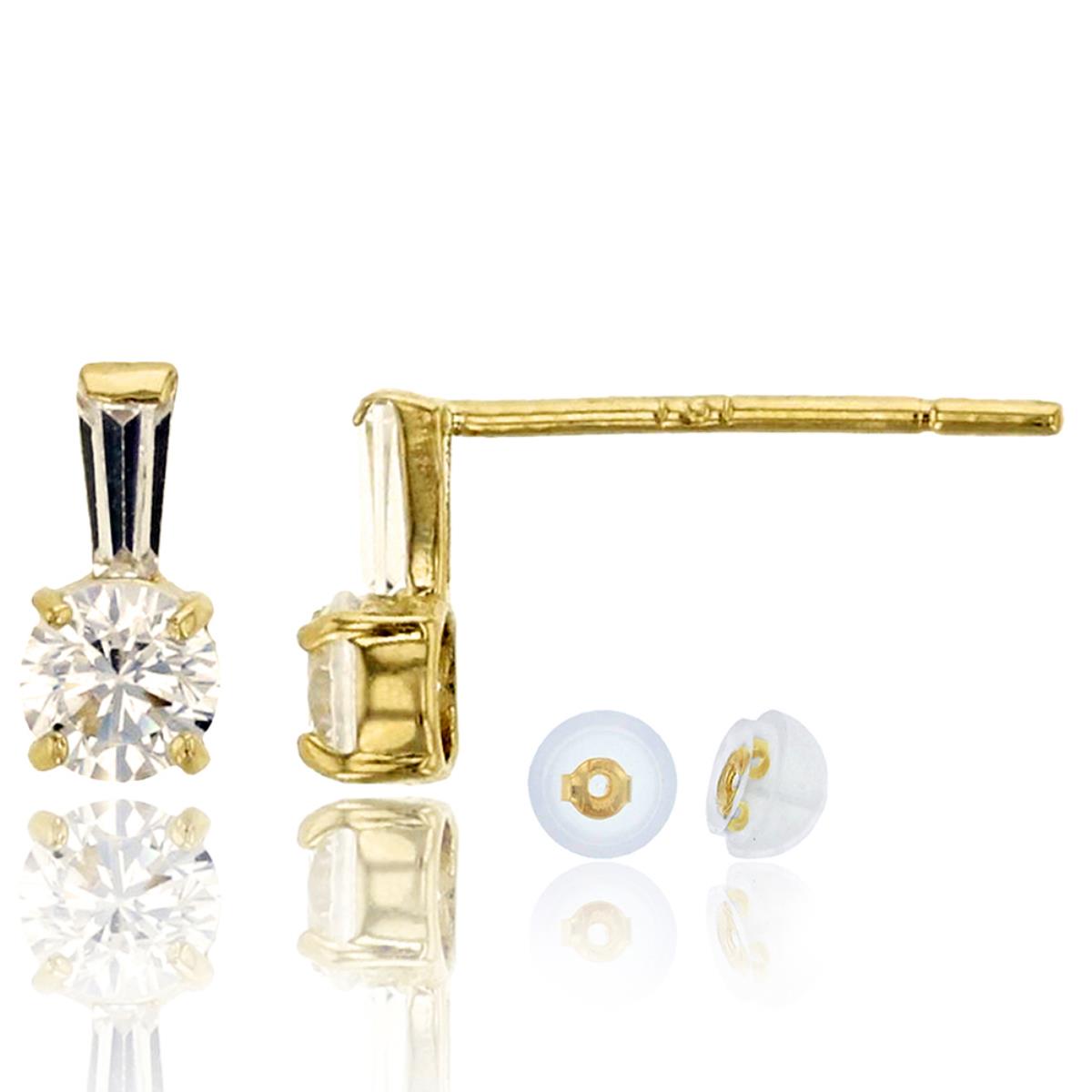 10K Yellow Gold 3mm Rd and Tapered Baguette Stud Earring with Bubble Silicone Back