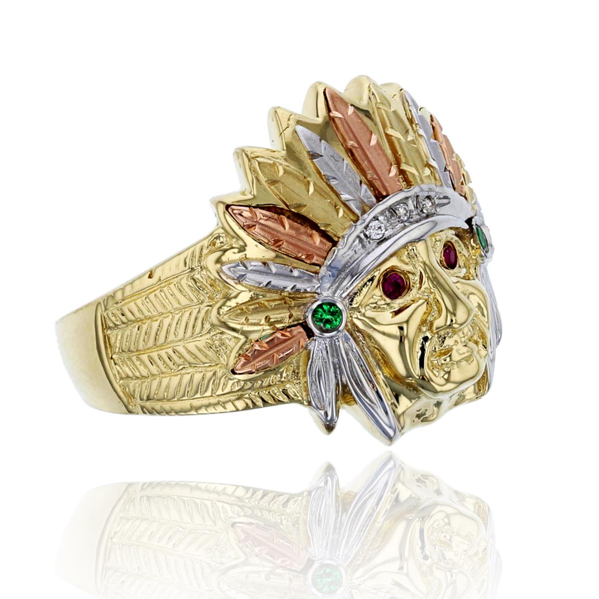 14K Tricolor Gold Ruby, Emerald Green and Clear CZ Indian Chief Head Fashion Ring