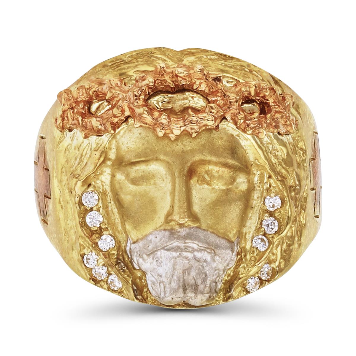 14K Tricolor Gold Pave Jesus Head Cross Religious Ring