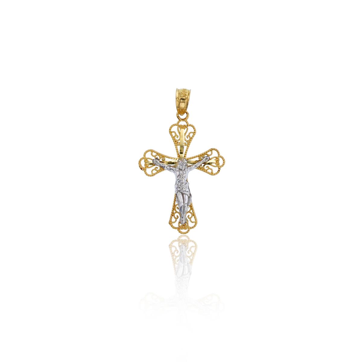 14K Two-Tone Gold 30x17mm Polished & Textured Religious Filigree Crucifix Cross 18" Necklace