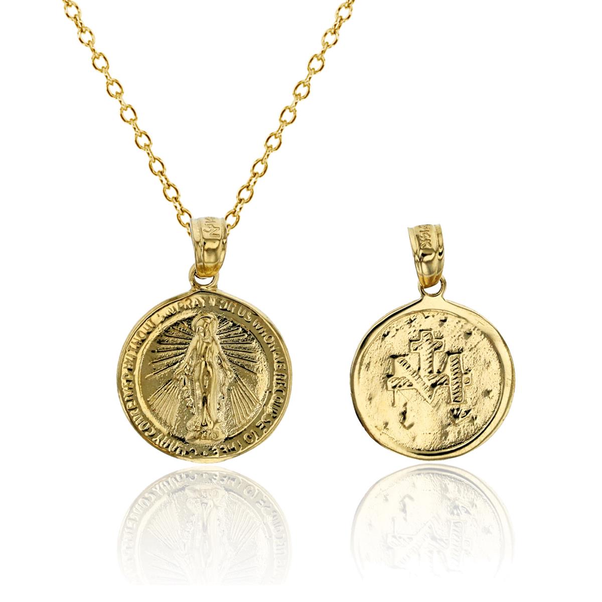 14K Yellow Gold Polished 20x14mm Rd Miraculous Mother Virgin Mary Medal Charm 18" Necklace