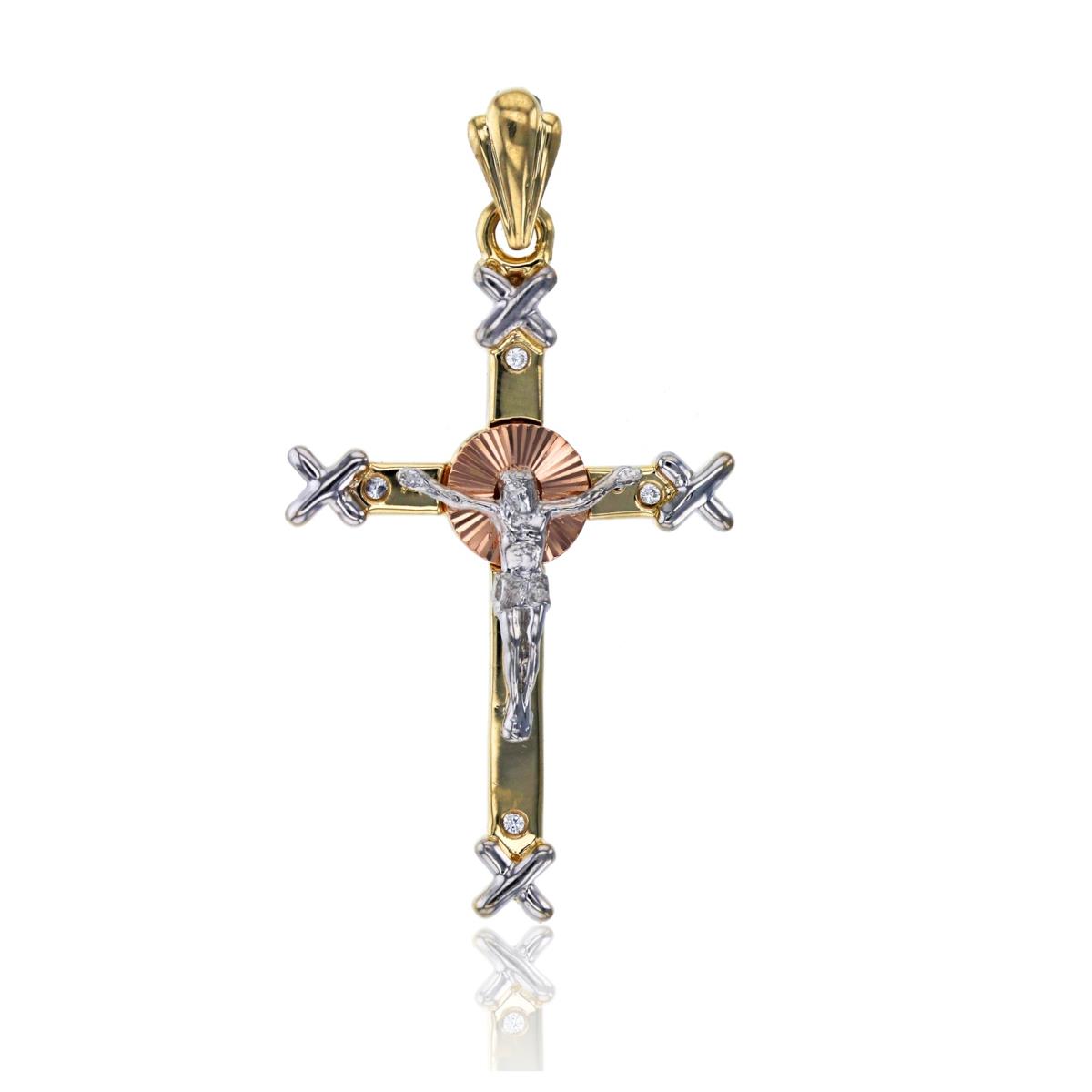 14K Tricolor Gold Pave Sunburst Crucifix Pendant