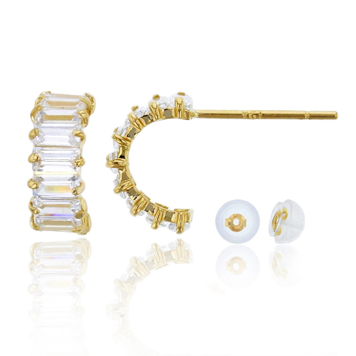 10K Yellow Gold Prong 3x1.5mm Baguette Half Hoop Stud Earring & 10K Silicone Back