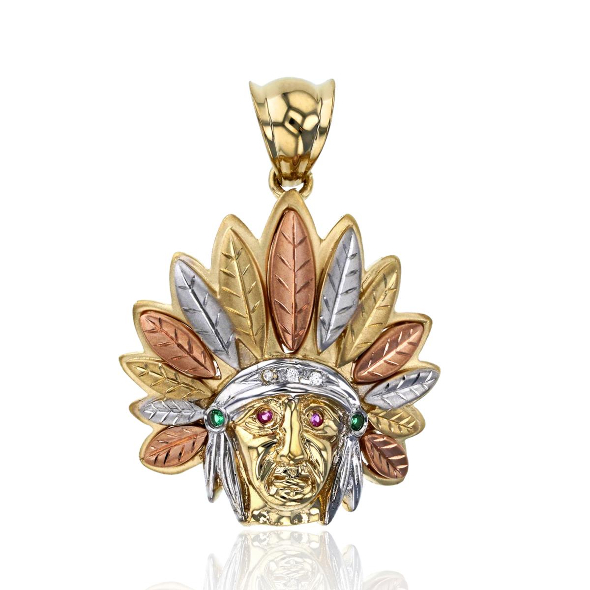 14K Tricolor Gold Ruby Red, Emerald Green and Clear CZ Indian Chief Head Pendant