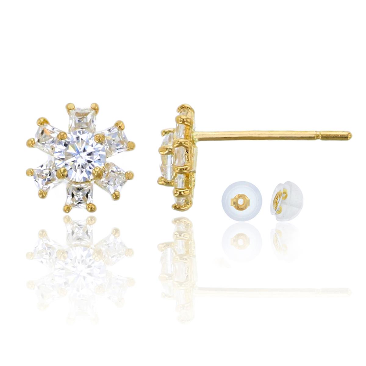 10K Yellow Gold 3mm Rd & 2mm Sq Cut Flower Stud Earring & 10K Silicone Back