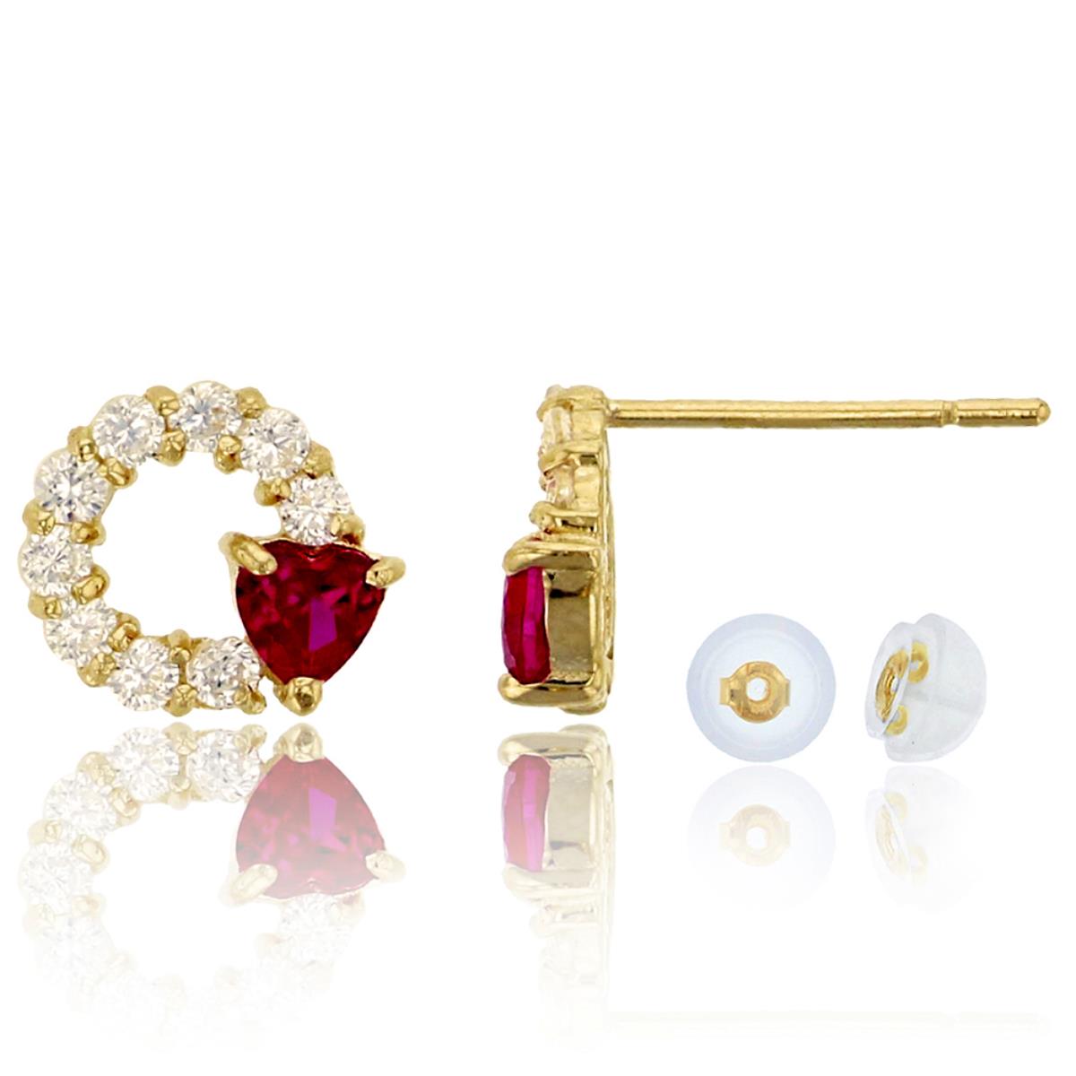 10K Yellow Gold Rd Open Circle with 3mm Red Ruby Heart Stud Earring & 10K Silicone Back