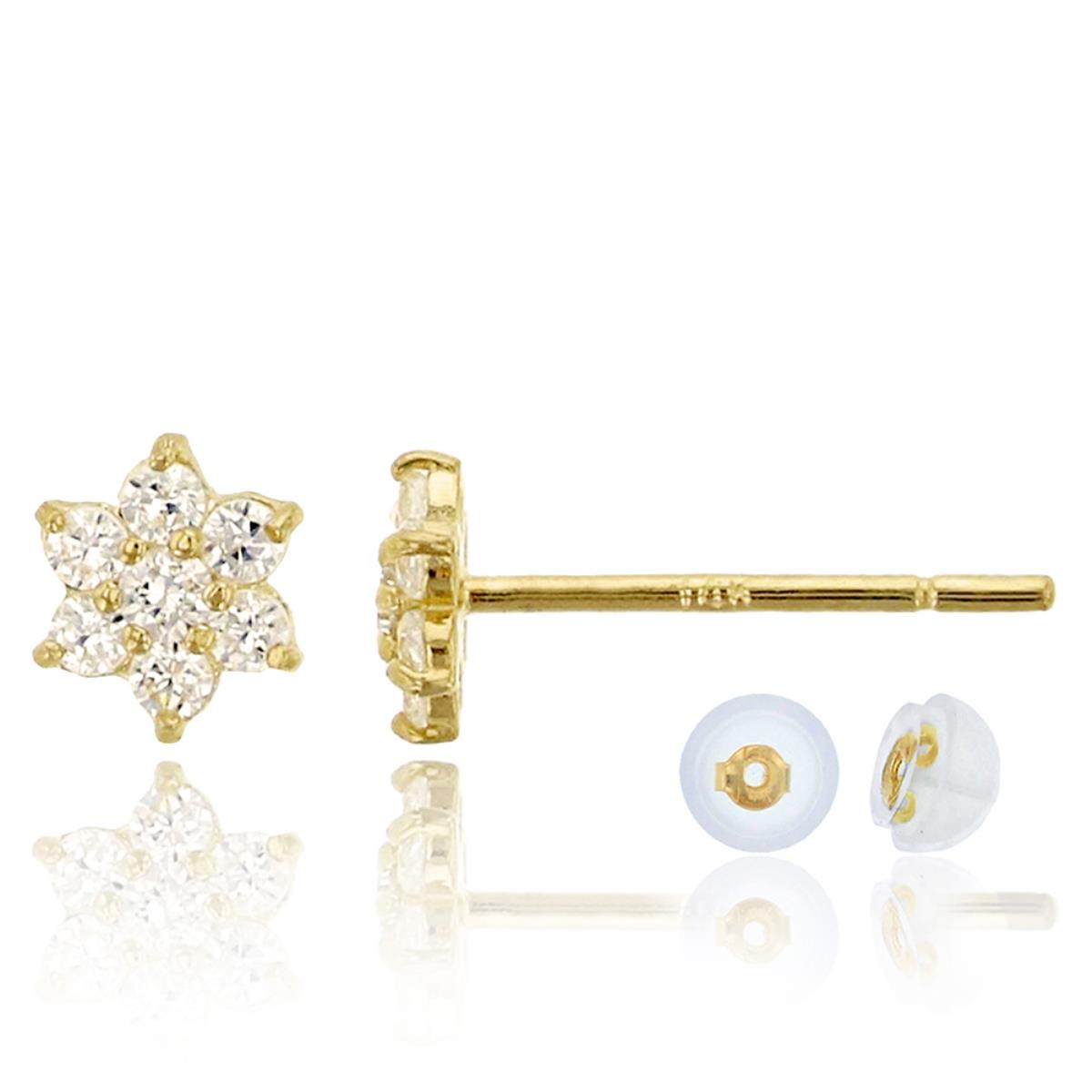 10K Yellow Gold Pave Small Flower Stud Earring & 10K Silicone Back