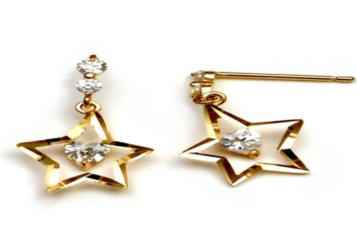 10K Yellow Gold Polished Open Danling Star with Heart CZ Stud Earring & 10K Silicone Back