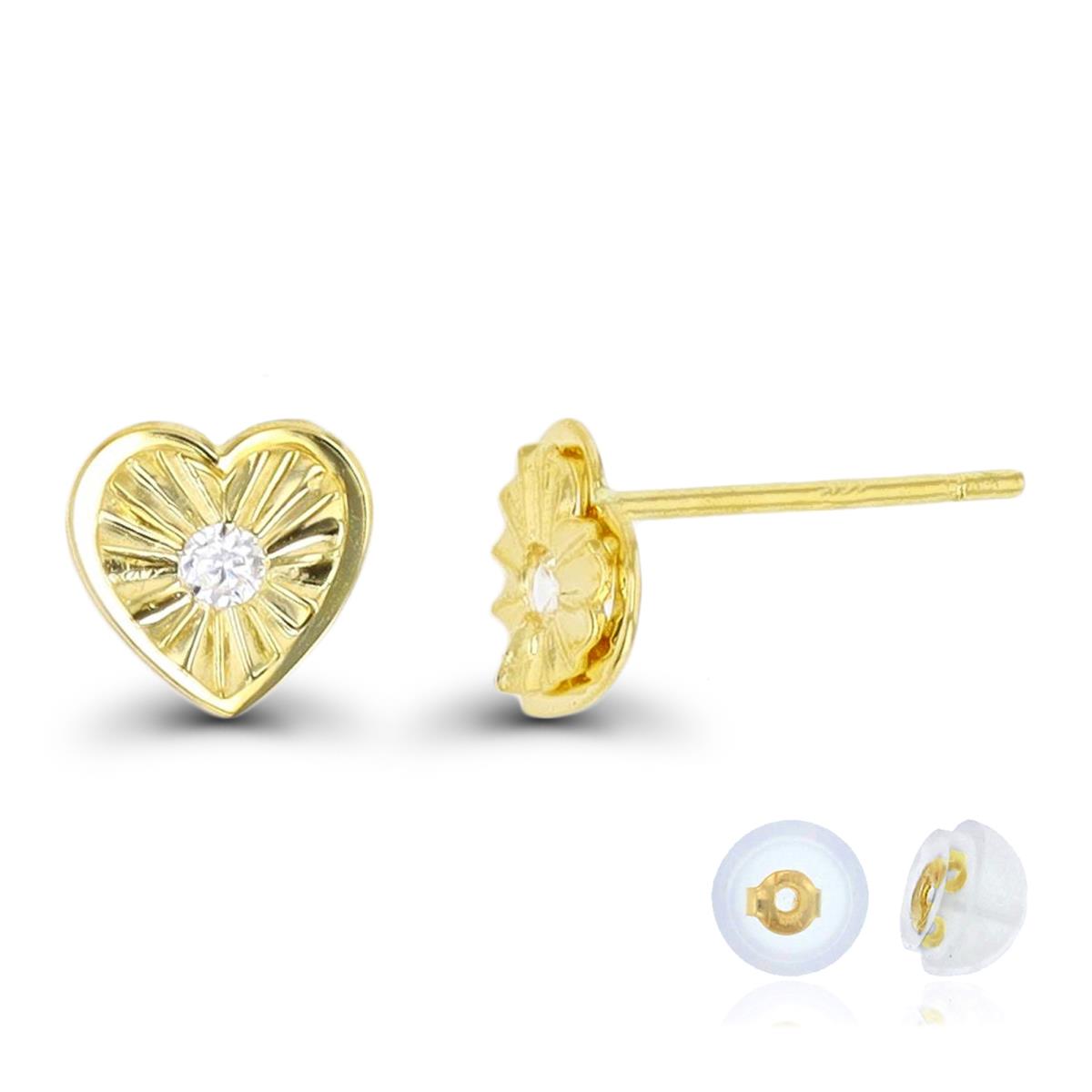 10K Yellow Gold DC CZ Heart Stud Earring & 10K Silicone Back