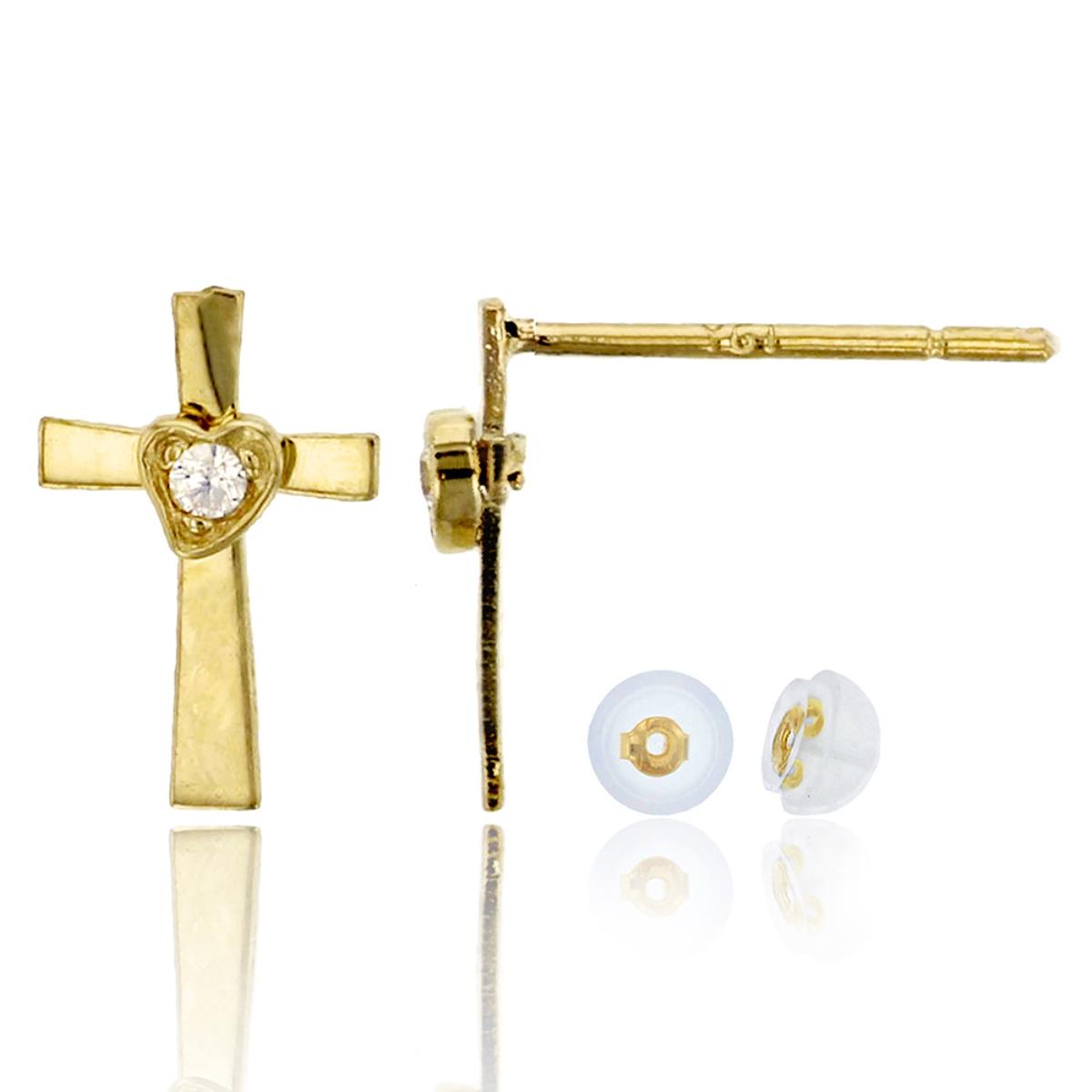 10K Yellow Gold Polished Cross with Heart Center Stud Earring & 10K Silicone Back