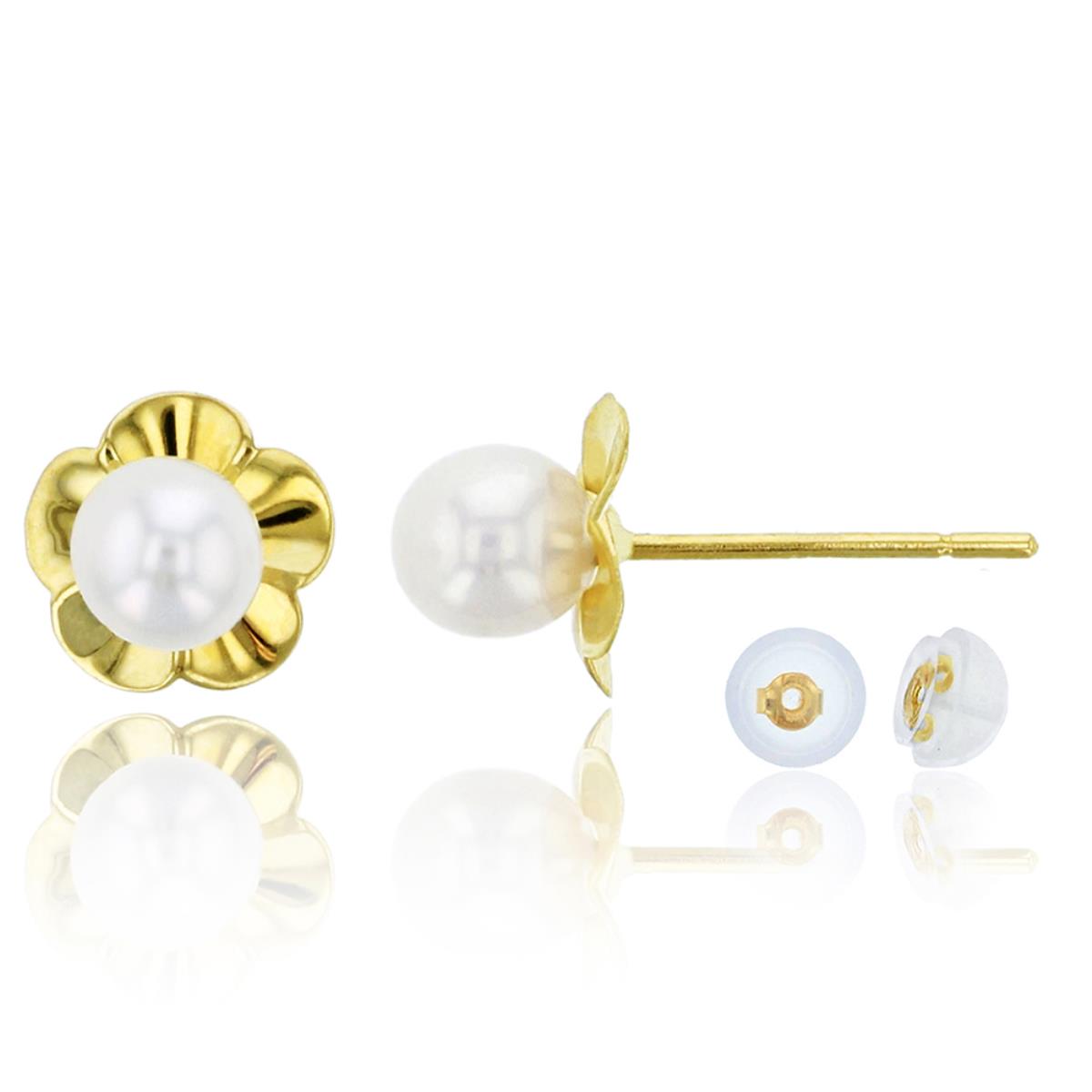 10K Yellow Gold 4.00mm Freshwater Pearl Flower Stud & 10K Silicone Back