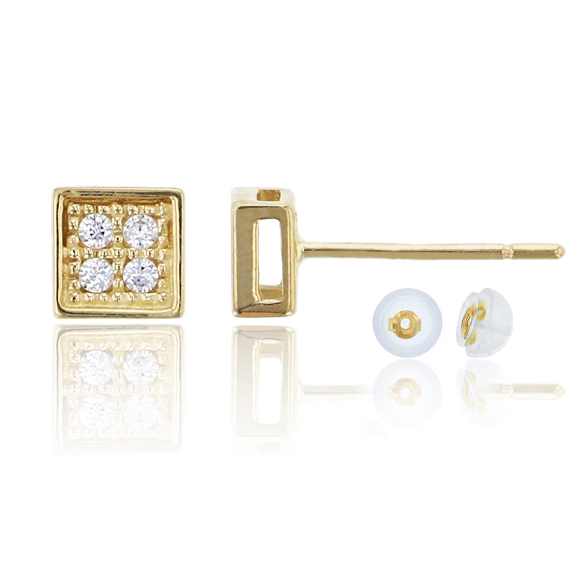 10K Yellow Gold Pave Small Square Stud Earring & 10K Silicone Back