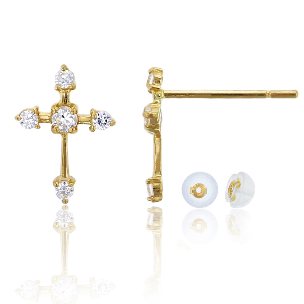 10K Yellow Gold Round Cut Small Cross Stud Earring & 10K Silicone Back