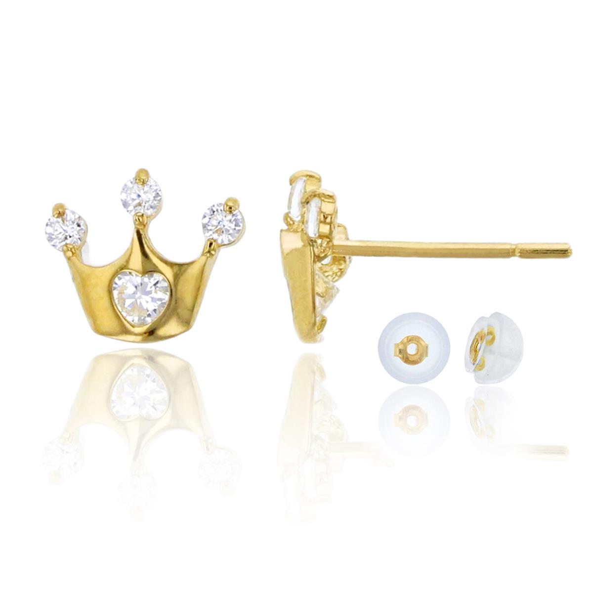 10K Yellow Gold Round and Heart Cut Crown Stud Earring & 10K Silicone Back