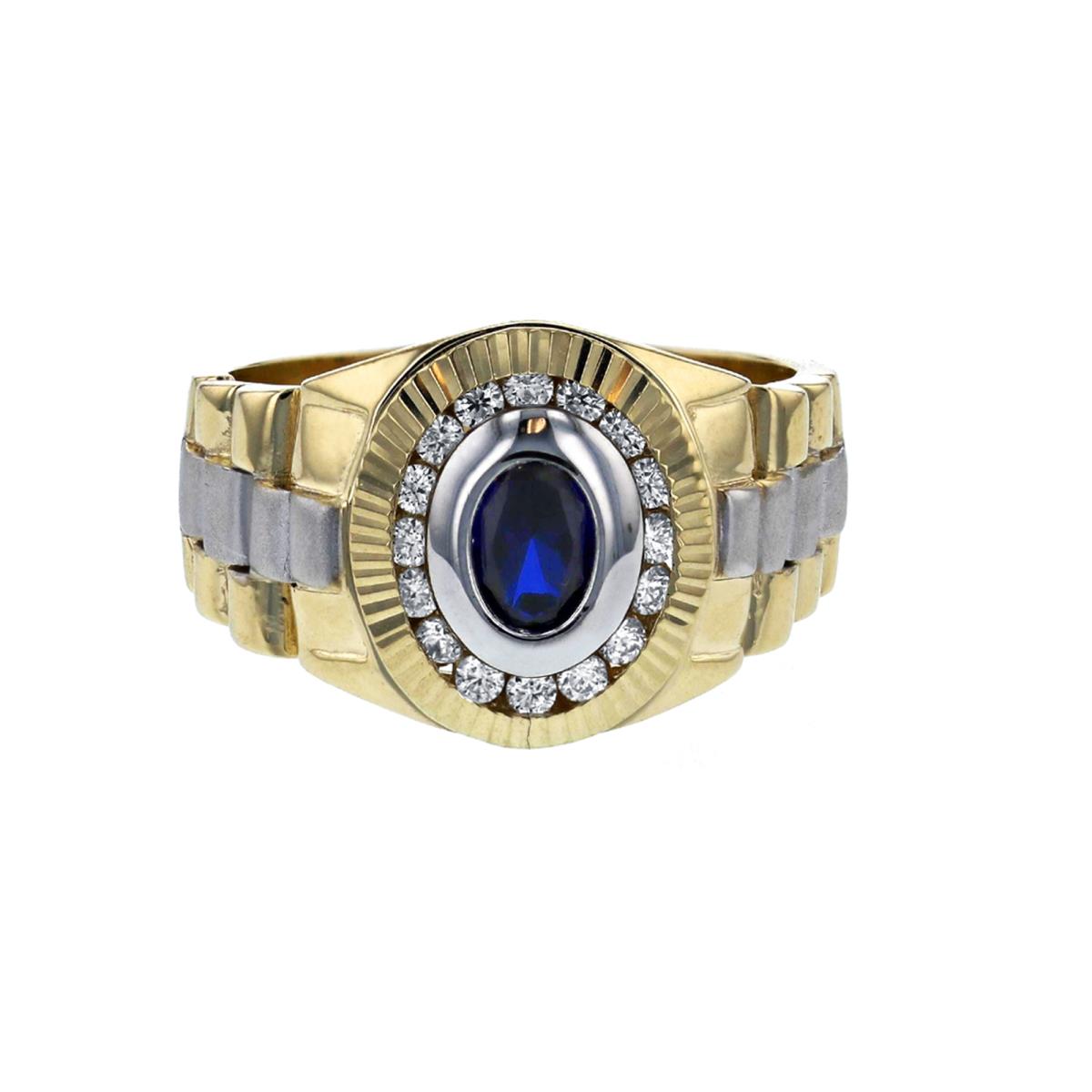 14K Yellow Gold Blue Sapphire & Clear CZ Rolex Style Mens Ring