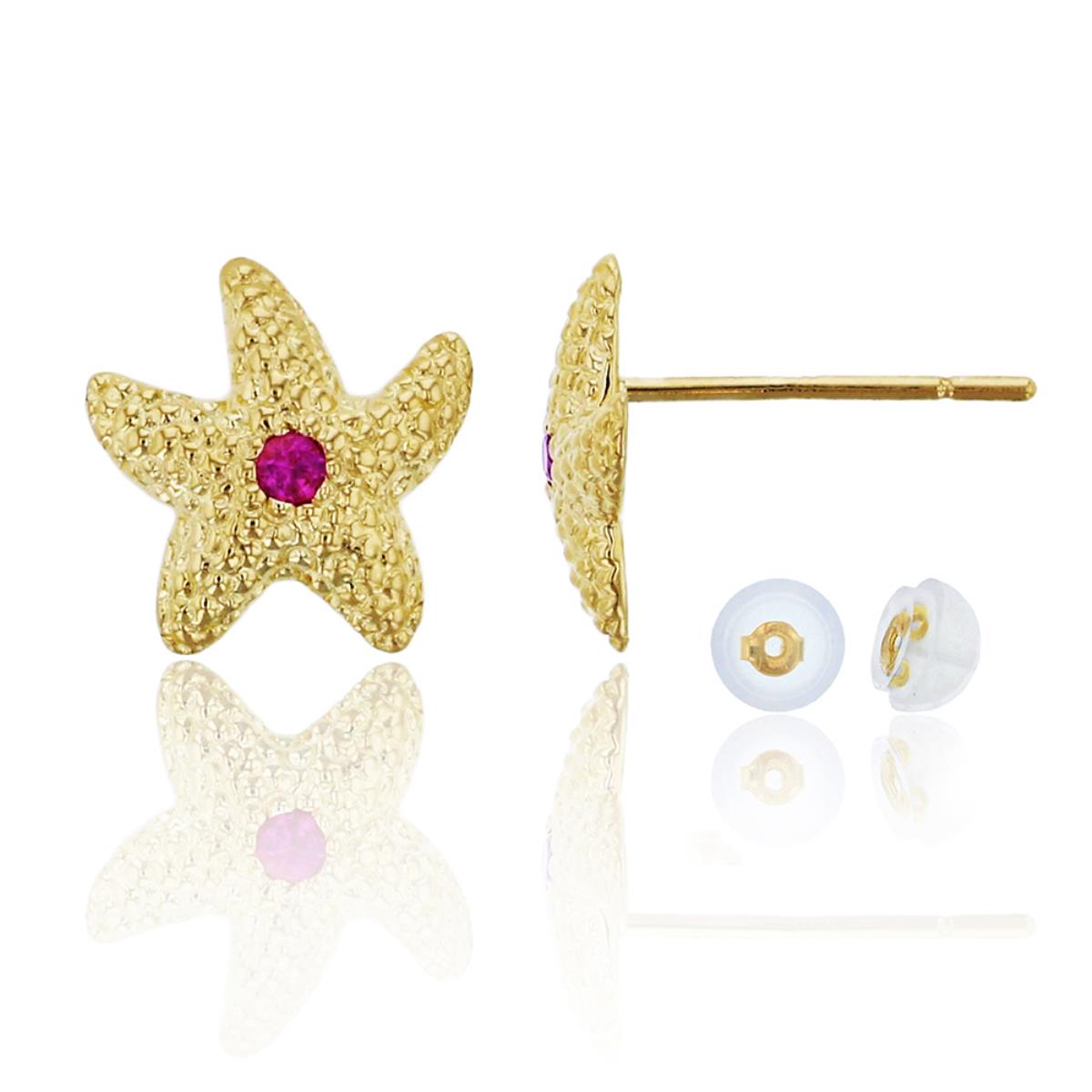 10K Yellow Gold Textured Red Ruby CZ Starfish Stud Earring & 10K Silicone Back