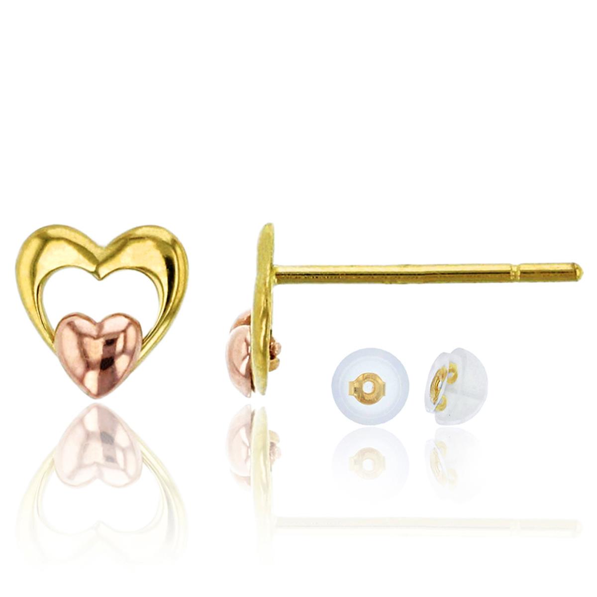 10K Yellow & Rose Gold Polished Double Heart Stud Earring with Bubble Silicone Back