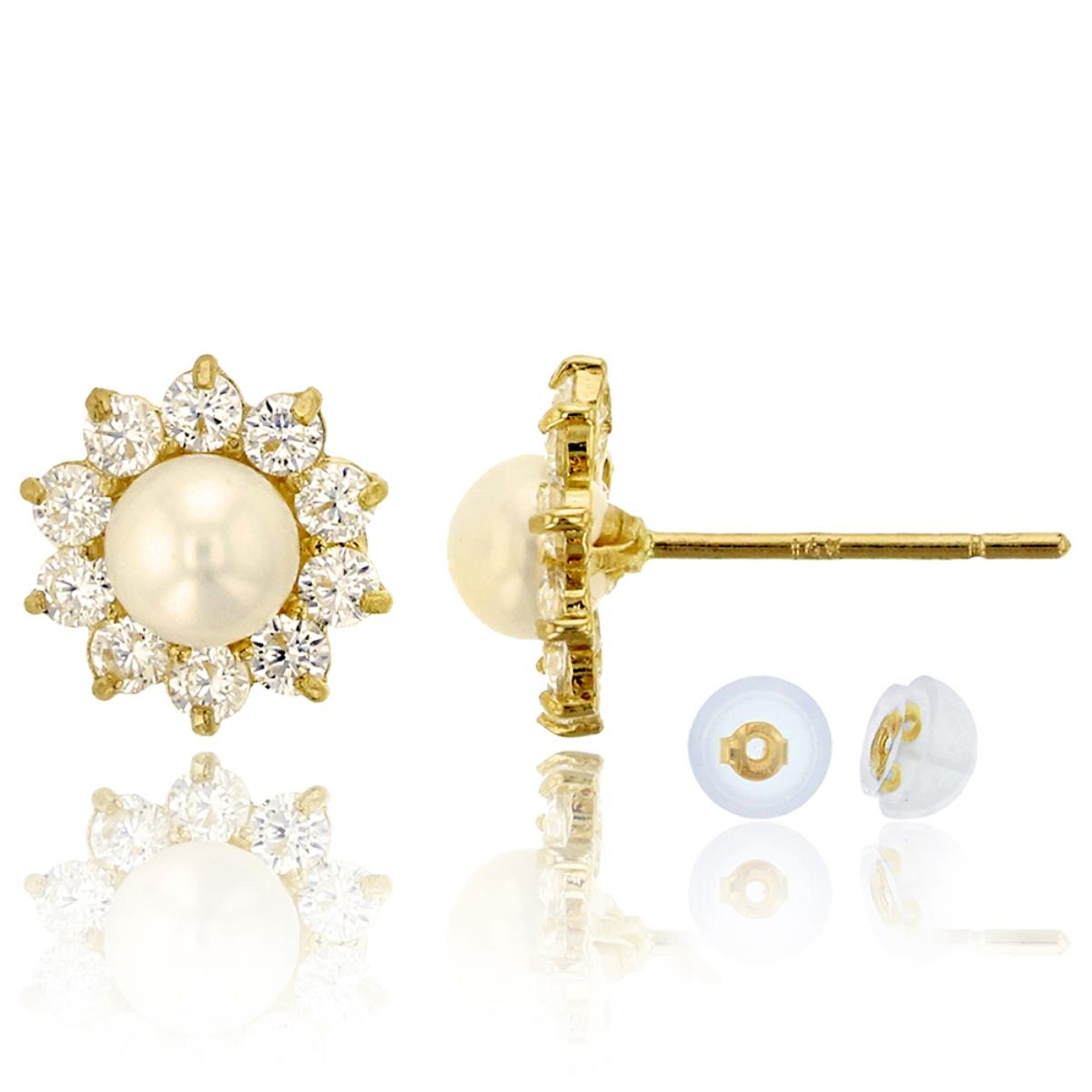 10K Yellow Gold 4mm Freshwater Pearl Flower Stud Earring & 10K Silicone Back