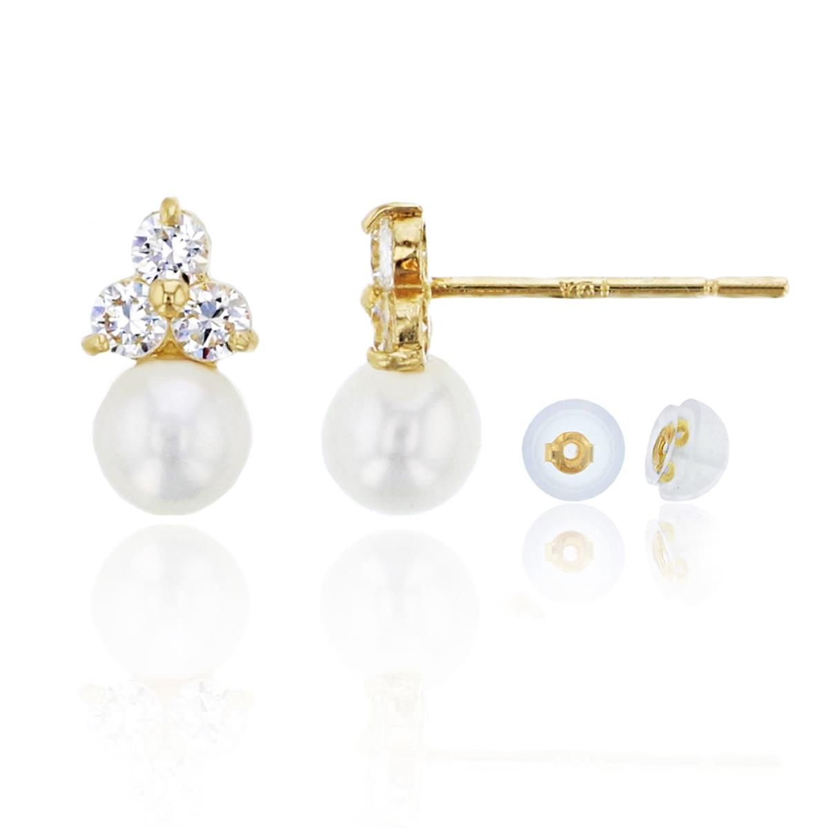 10K Yellow Gold 4.00mm Freshwater Pearl and CZ Cluster Stud Earring & 10K Silicone Back