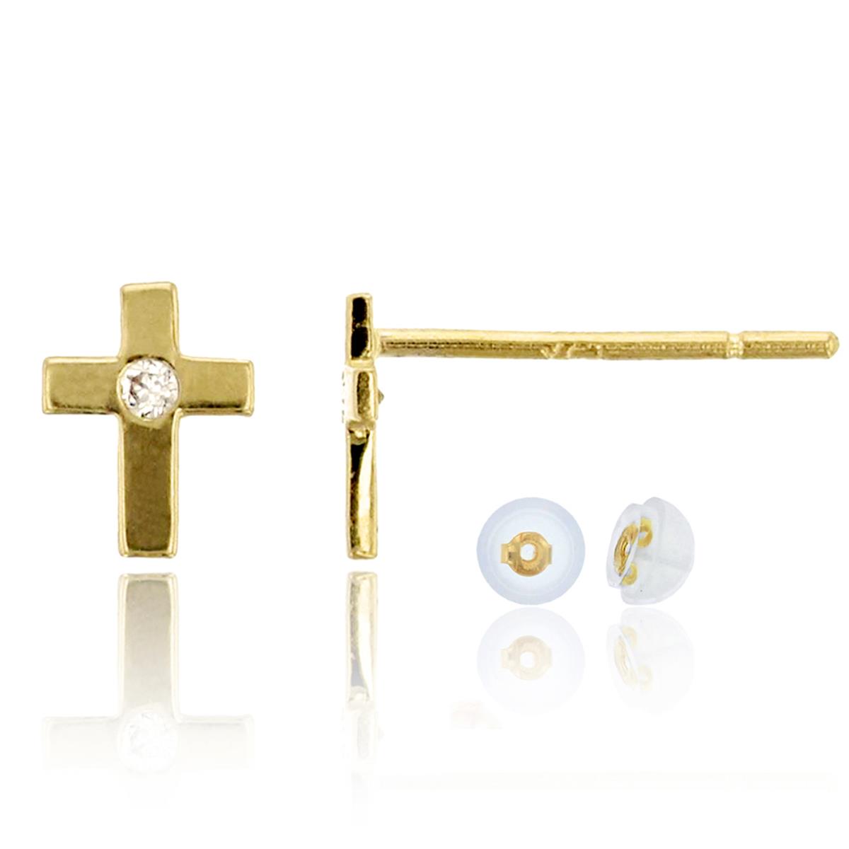 10K Yellow Gold Polished Pave Mini Cross Stud Earring & 10K Silicone Back