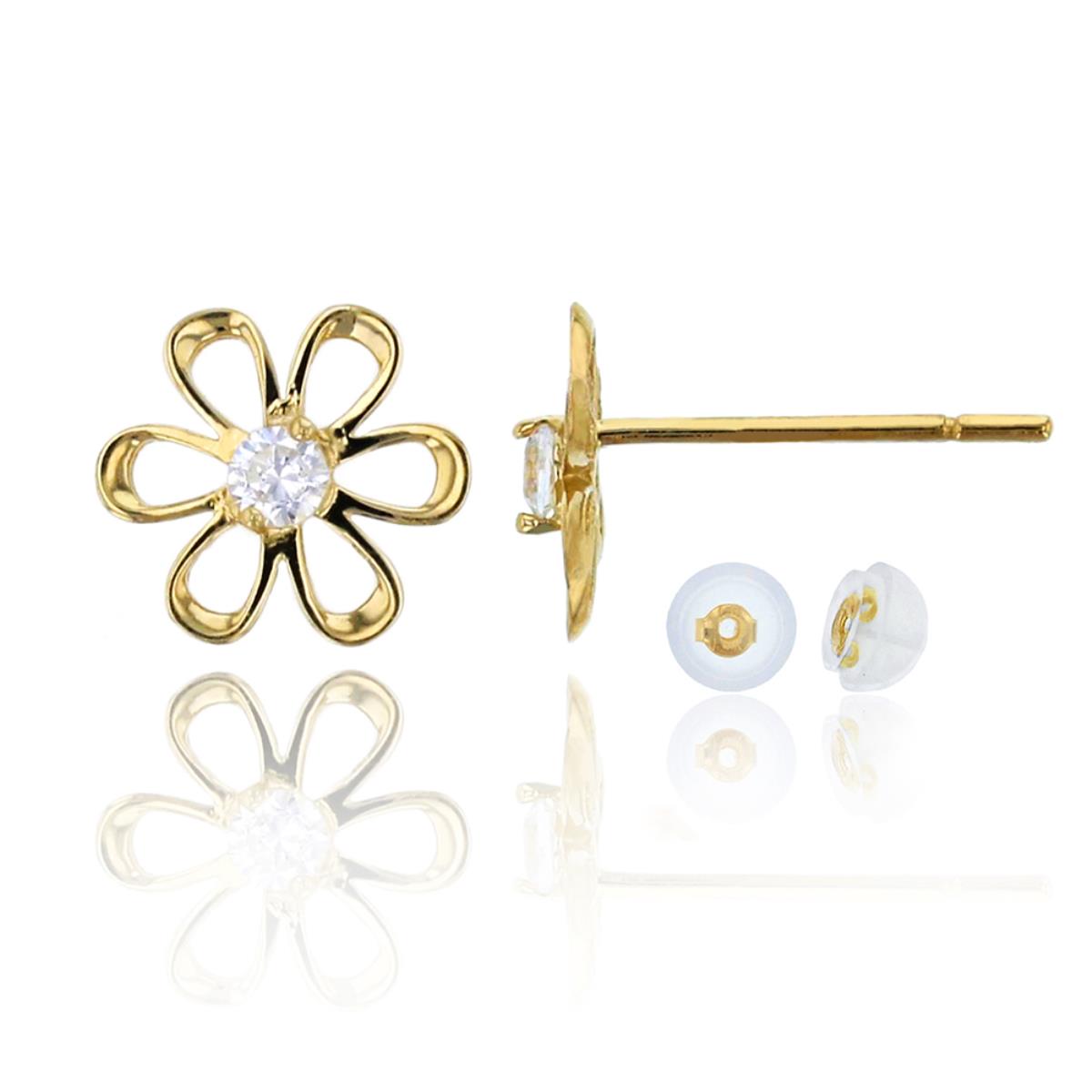 10K Yellow Gold Rd Open Daisy Flower Stud Earring & 10K Silicone Back