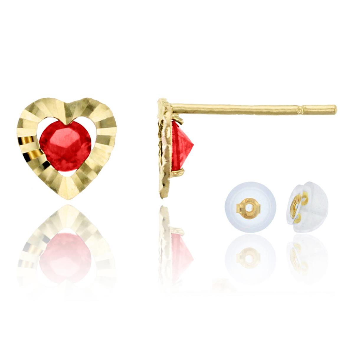 10K Yellow Gold DC Red Ruby CZ Heart Stud Earring & 10K Silicone Back