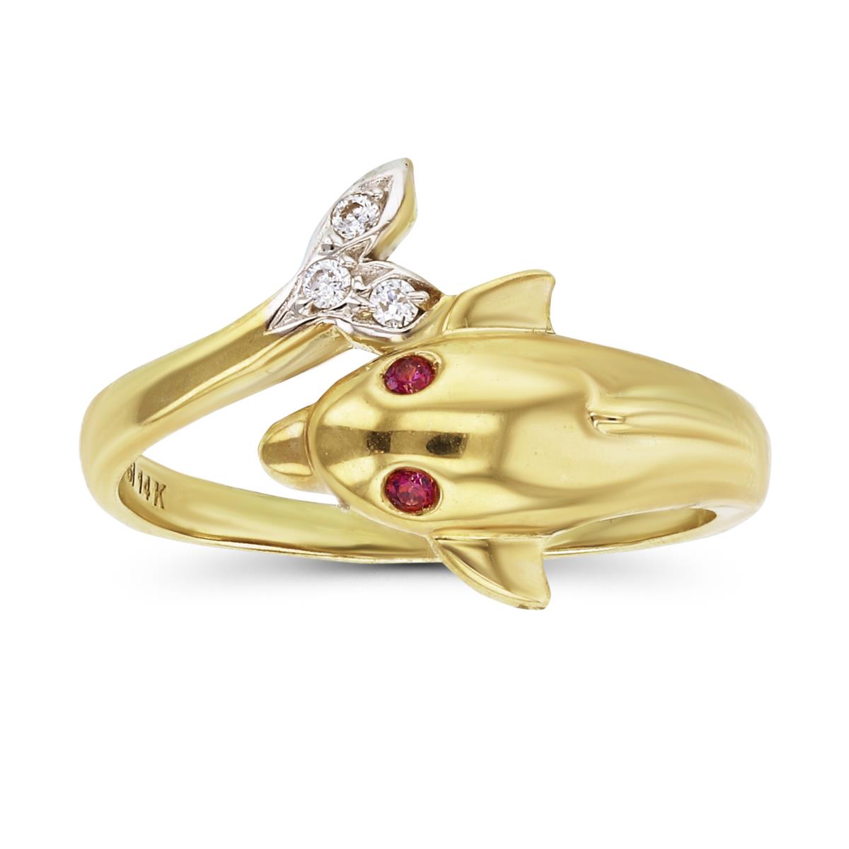 14K Yellow Gold Ruby Red & Clear CZ Dolphin Fashion Ring