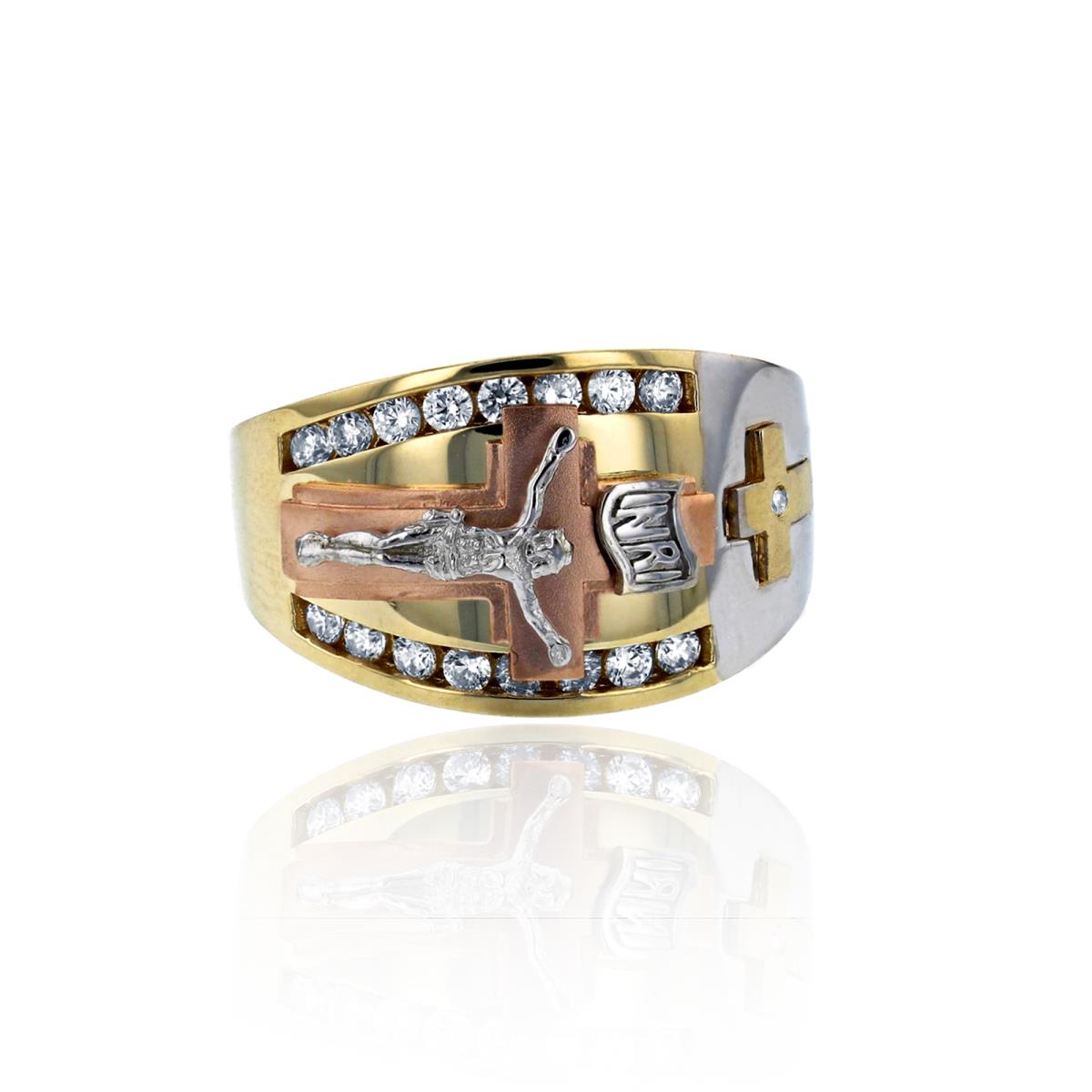 14K Tricolor Gold Satin Round CZ Crucifix Cross Mens Ring