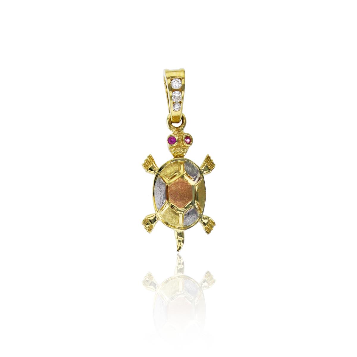 14K Tricolor Gold Satin Ruby Red CZ Turtle Pendant