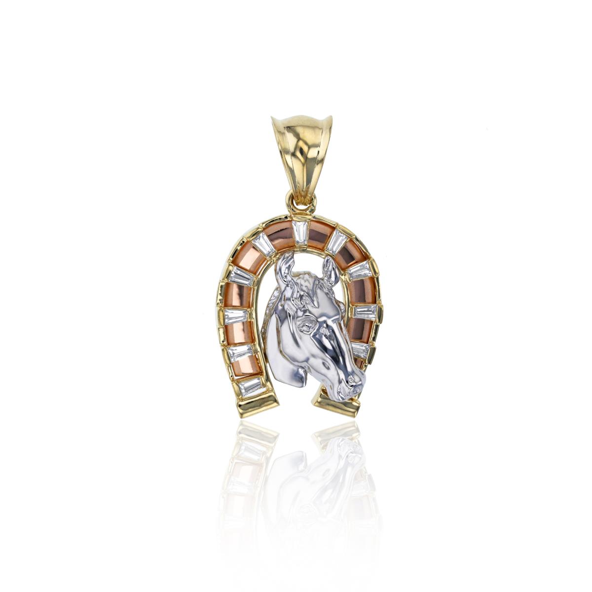 14K Tricolor Gold Tapered Baguette Cut Horse in Horseshoe Pendant