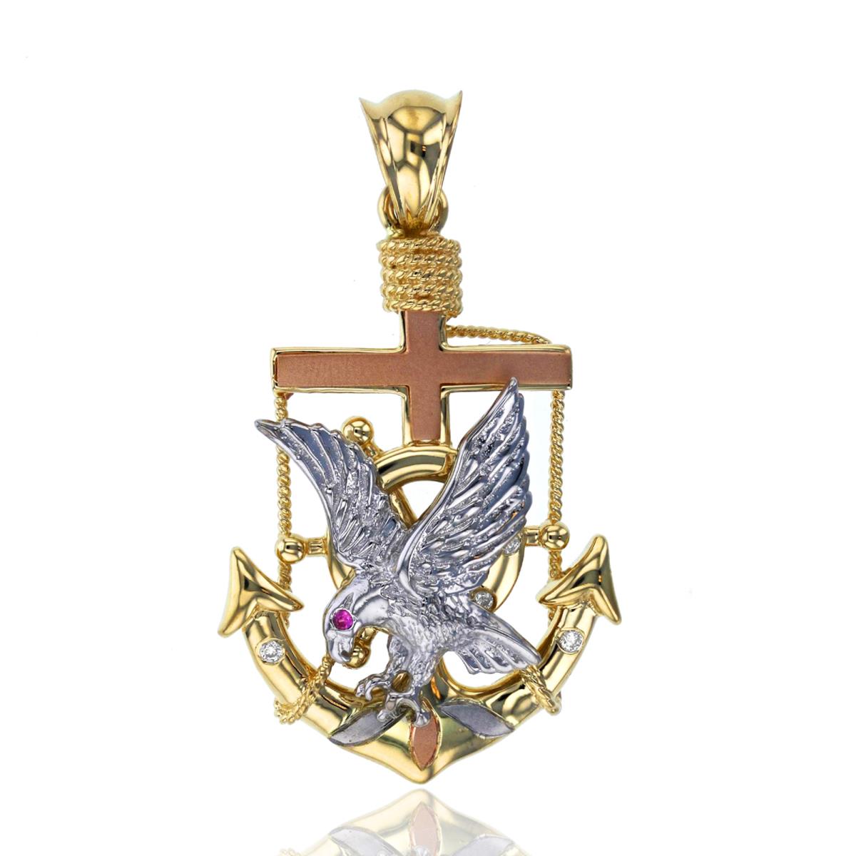 14K Tricolor Gold Pave Ruby Red & Clear CZ Anchor Eagle Pendant