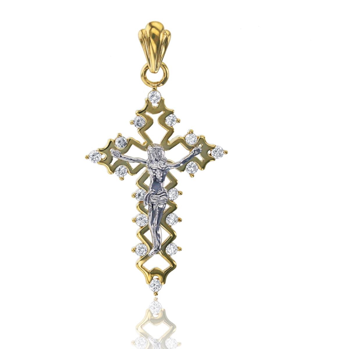 14K Two-Tone Gold Pave Round Cut Crucifix Cross Pendant