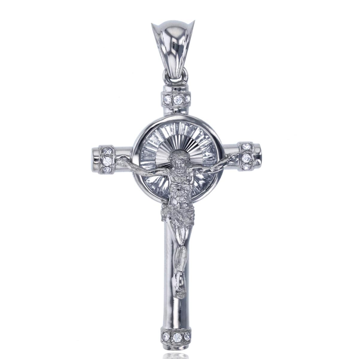 14K White Gold Baguette & Round Cut Crucifix Cross Pendant