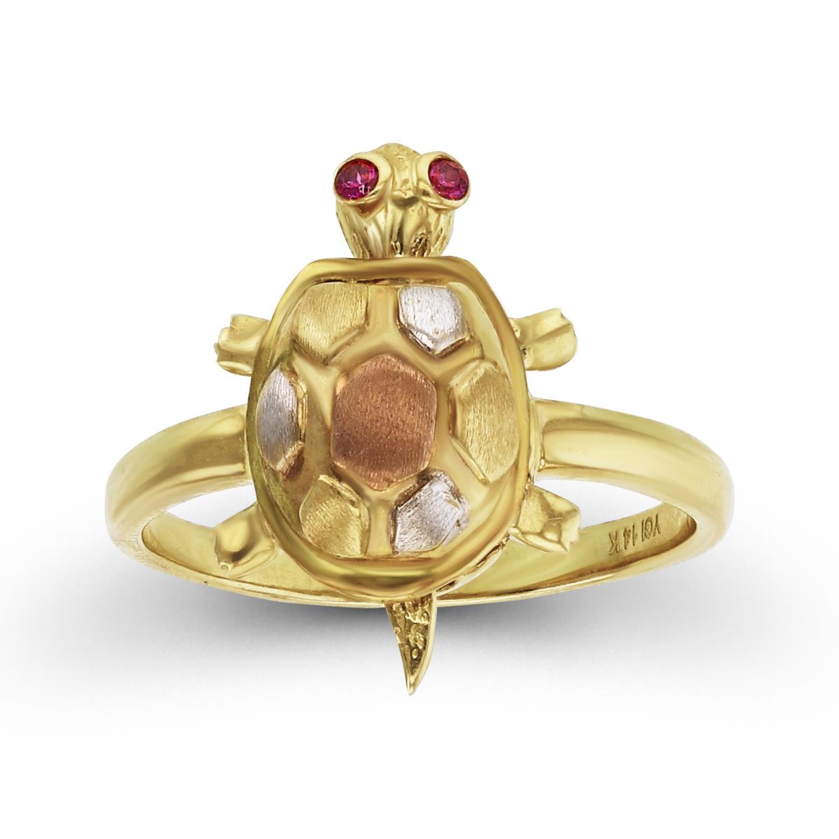 14K Tricolor Gold Satin Ruby Red CZ Movable Turtle Ring