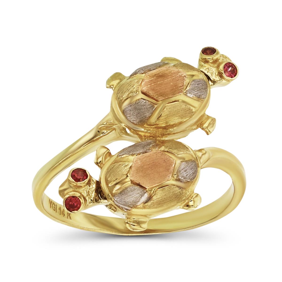 14K Tricolor Gold Satin Ruby Red CZ Double Movable Turtle Ring