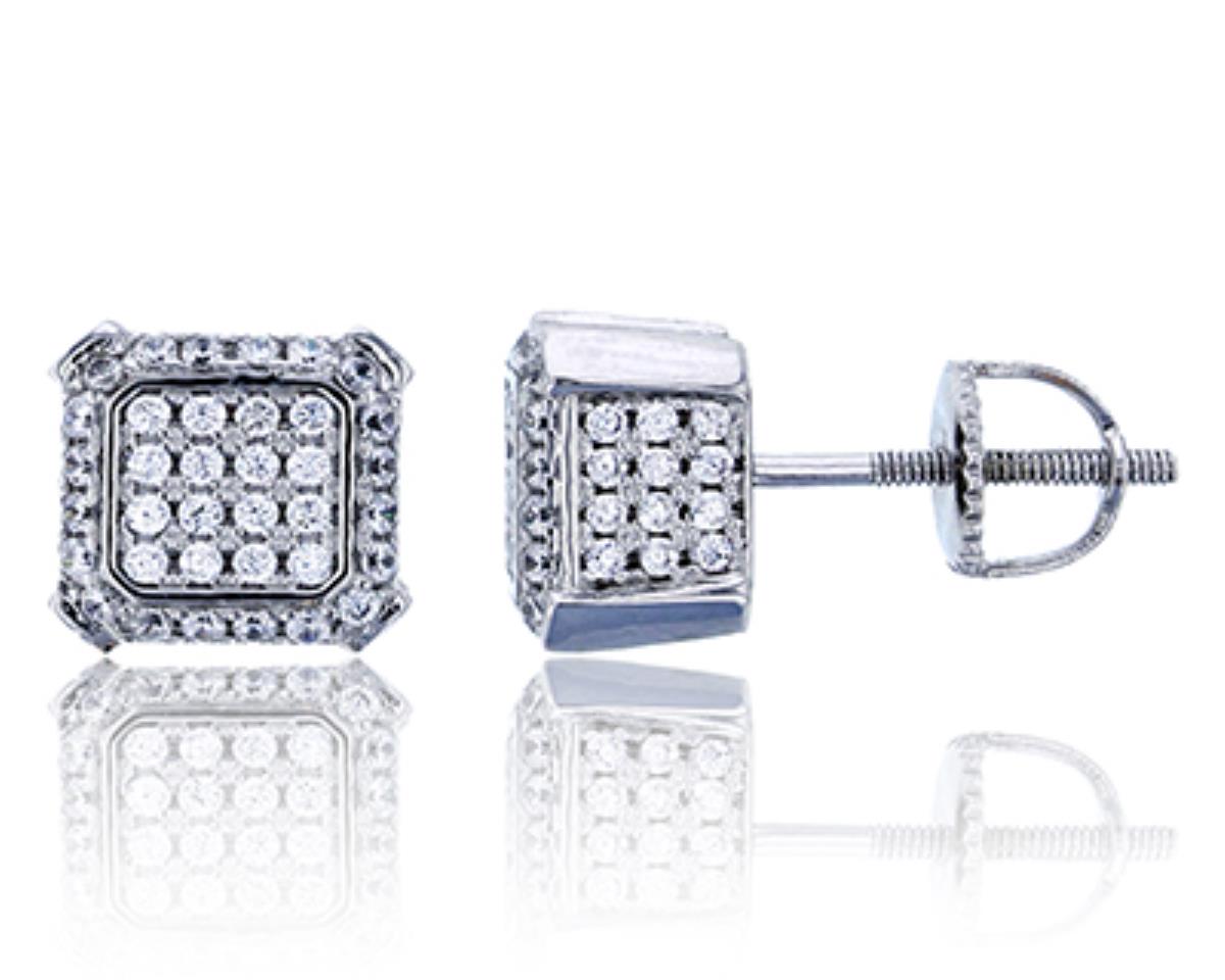 Sterling Silver Rhodium 8mm Pave Cube Screw-Back Stud Earring