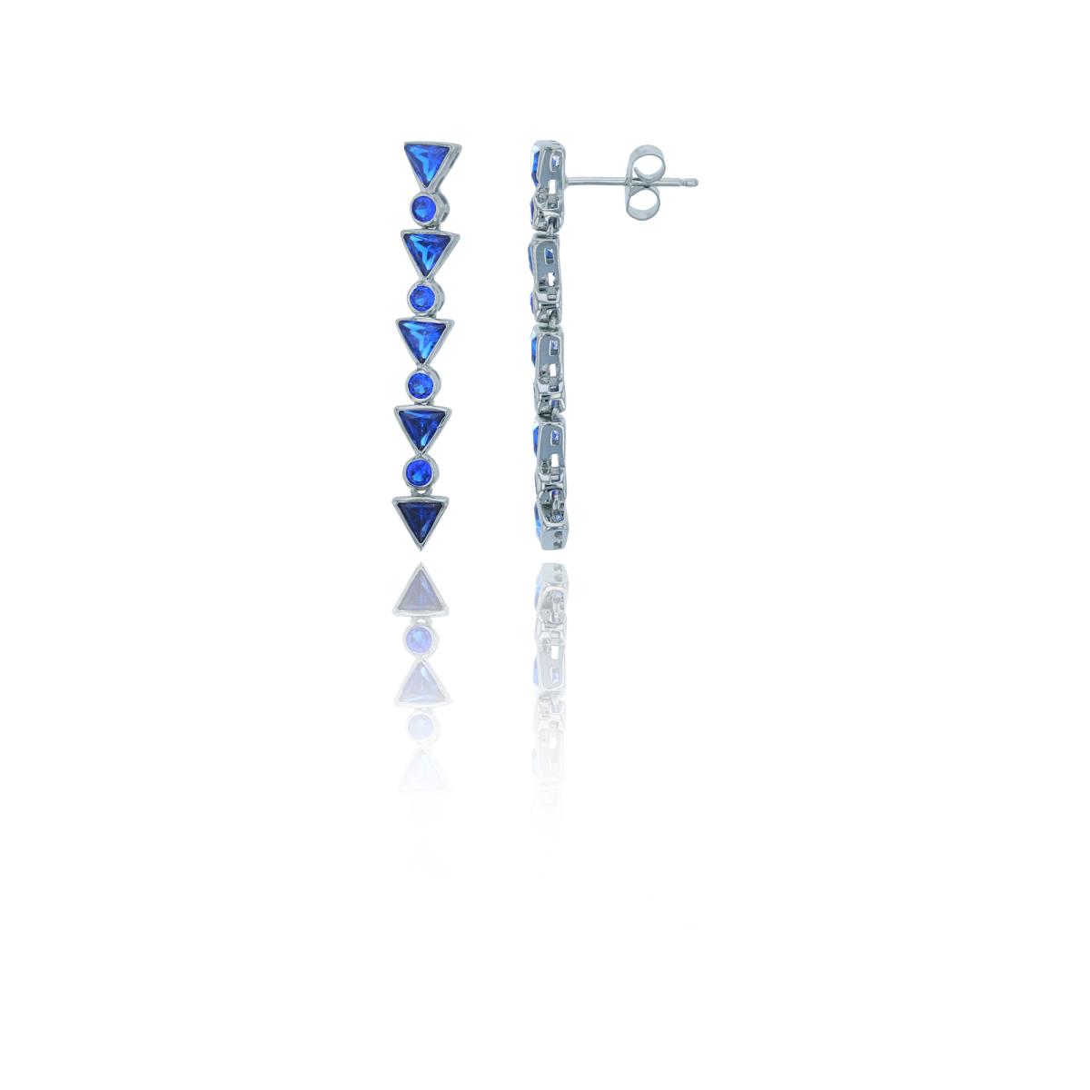 Sterling Silver Rhodium Triangle & Round Bezel Blue Sapphire CZ Dangling Earring