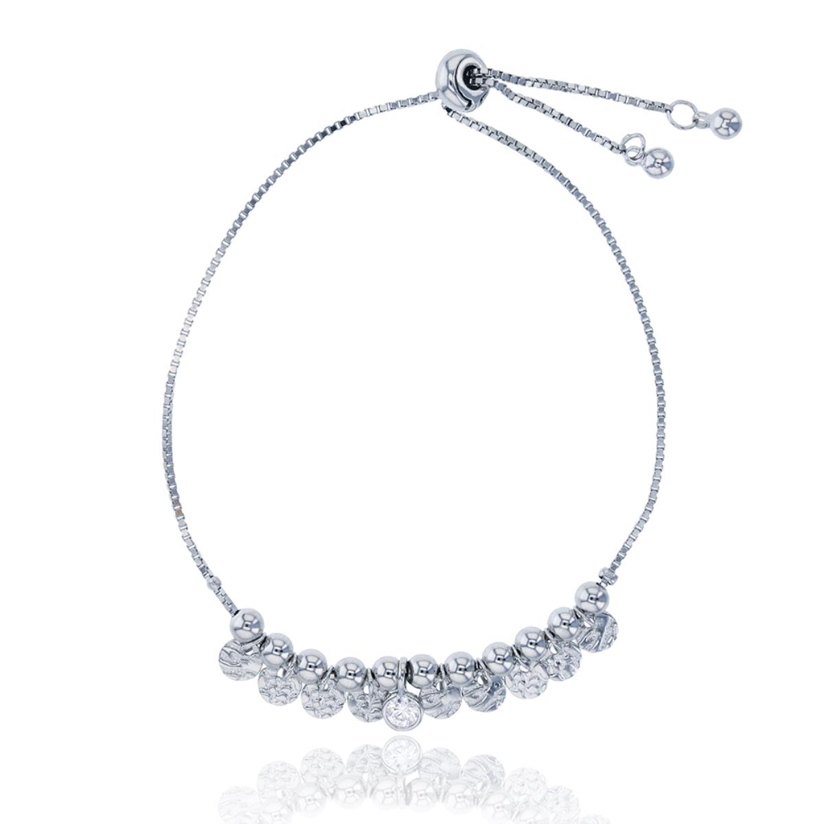Sterling Silver Rhodium Dangling Ball and Textured Plate with Rd CZ Bezel Adjustable Bracelet