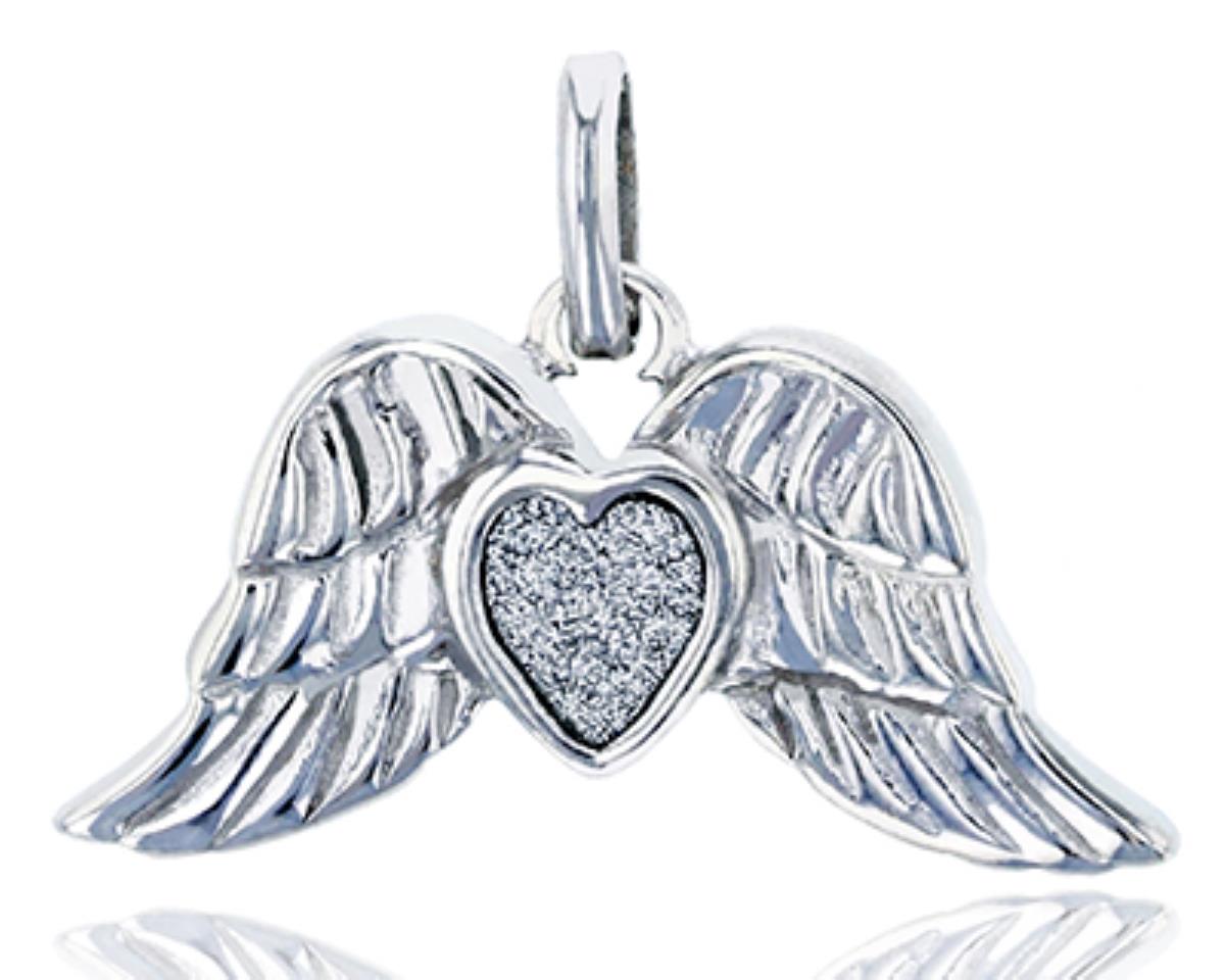 Sterling Silver Rhodium Wings Heart Shape Glitter Pendant