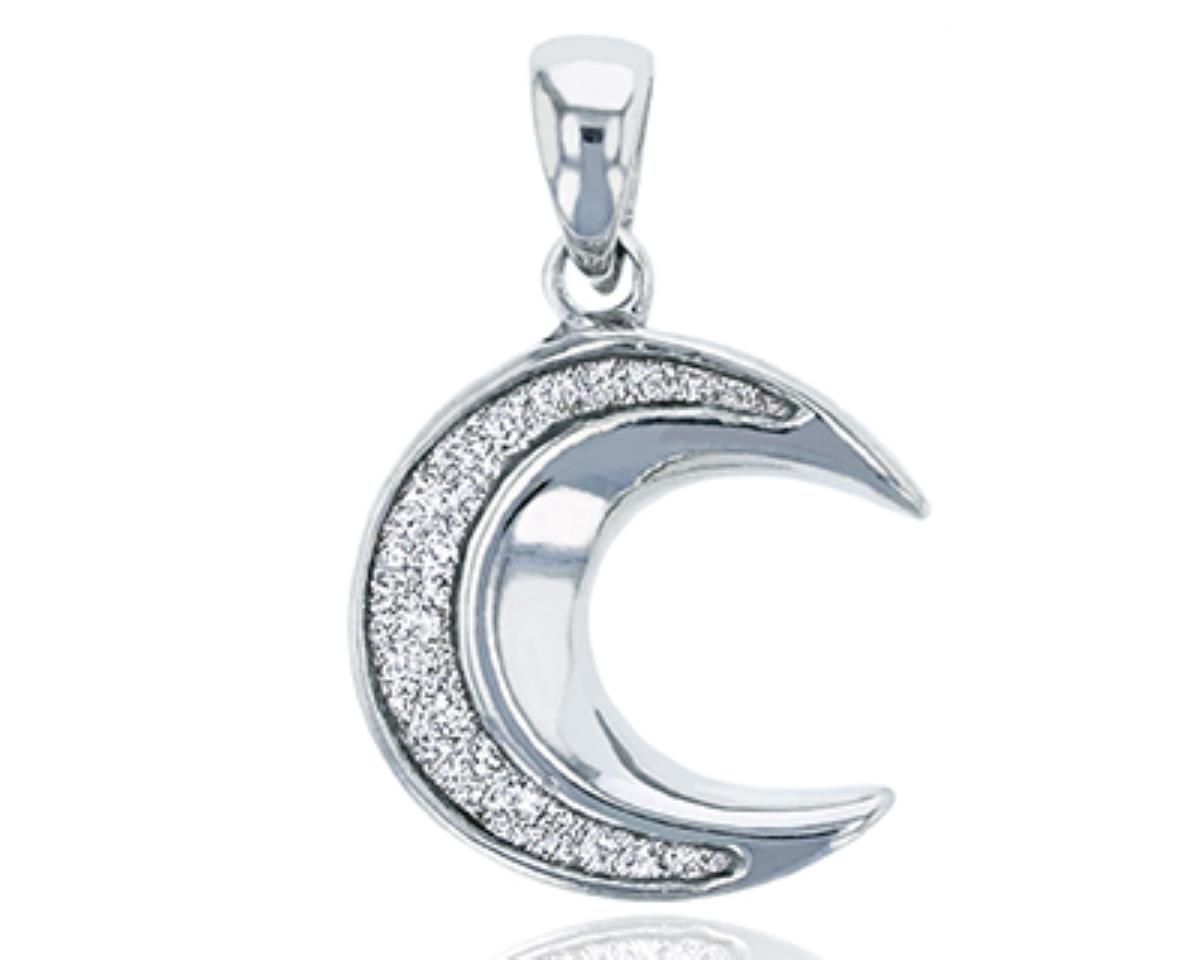 Sterling Silver Rhodium Crescent Moon Glitter Pendant