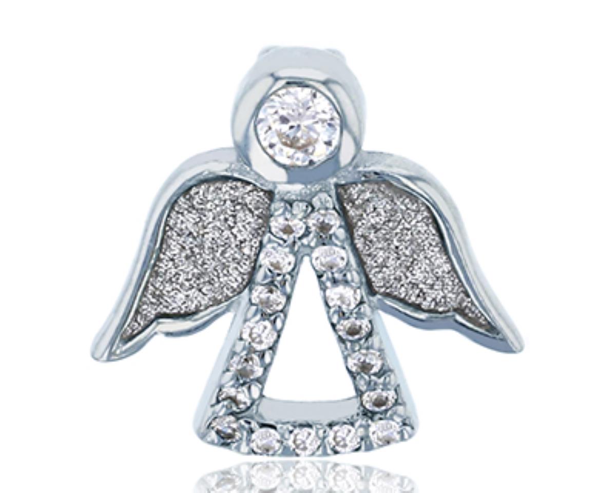 Sterling Silver Rhodium Round CZ Glitter Angel Pendant
