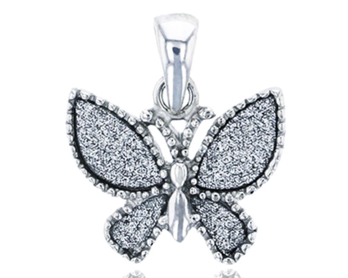 Sterling Silver Rhodium Milgrain Glitter Butterfly Pendant
